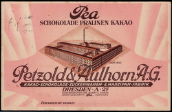 Dresden  O-8010, Werbekarte  "PEA SCHOKOLADE PRALINEN KAKAO" 1931  II ...