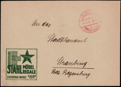 Aalen  W-7080,  Gebühr bezahlt-Stegstempel auf illustriertem Couvert ...