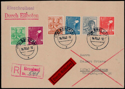 84 Pf. nebst fünf weiteren Arbeiterwerten auf portogerechtem Reco ...