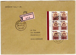 500 Pf. SWK im Rand-6er.-Block als MEF. auf Wertbrief  "WERT 7000,- , ...