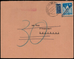 20 Pf. Bauten als EF. auf Couvert  "NEUDORF (Kr.) BRUCHSAL 1949 nach ...