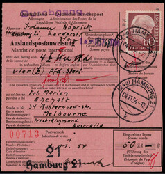 60 Pf. Heuss vds. und 30 Pf. rks. auf Auslands-Postanweisung  ...