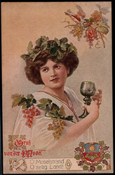 Wein,  herrliche Karte  "Weinkönigin mit Weinglas" und Text  "Gruss ...