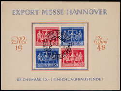 Exportmesse Hannover 1948 im Zdr.-4er.-Block auf Gedenkblatt mit SST  ...