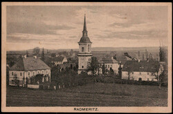 Radmeritz,  Ortsansicht mit Kirche 1929, rks. Landpost R2  "WENDISCH ...