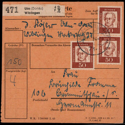 50 Pf. Goethe (3) als MEF. auf Paketkarte  "ULM-WIBLINGEN" 1964 nach ...