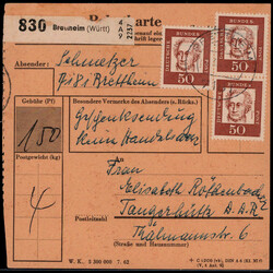 50 Pf. Goethe (3) als MEF. auf Paketkarte  "BRETTHEIM" nach ...