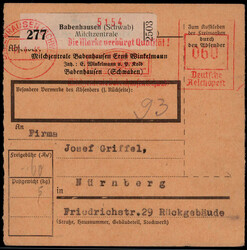 60 Pf. AFS auf Selbstbucher-Paketkarte  "BABENHAUSEN (SCHWAB) ...