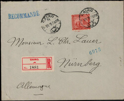 2 P. Sphinx 1893 als EF. auf Reco.-Auslandsbrief  "CAIRO" 1910 nach ...