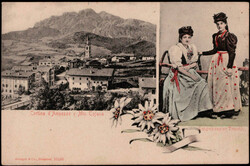 Cortina d`Ampezzo,  Ortspartie mit Kirche, Ampezzaner Tracht um 1910  ...