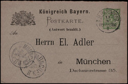 "HOF - REG - NBG",  Bahnpost K1 auf 3 Pf. Rauten-DS-GA  "FARBMALZ" ...