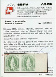 1881, 25 C. blaustichiggrün, Farbprobe auf dünnem Papier mit kaum ...