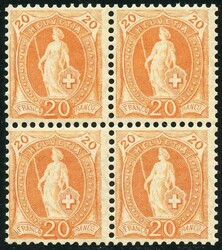 20 C. orange, KZ durch Zähnung berührt, Viererblock postfrisch. ...