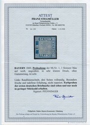 1849, 1 Kr blau, FARBPROBE, Einzelabzug von der Urgravierung auf ...