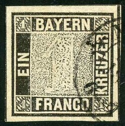 1 Kr schwarz, Platte 1, allseitig breiter Schnitt mit drei sichtbaren ...