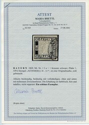 1 Kr schwarz, Platte 1, allseitig breiter Schnitt mit drei sichtbaren ...