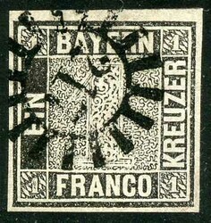 1 Kr schwarz, Platte 1, gleichmässig breitrandig geschnitten und ...