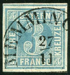 3 Kr blau, klarer Halbkreis MEMMINGEN 27/11 gerade zentrisch und ...