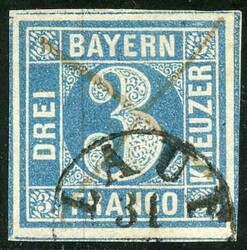 3 Kr blau, Prachtsstück mit allen vier kompletten Schnittlinien und ...