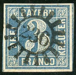 3 Kr blau, glasklar zentrischer gMR 236, breitrandiger tadelloser ...