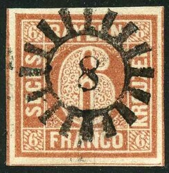 6 Kr braun, gerade zentrischer gMR 8, auf breitrandiger Marke ...