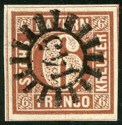 6 Kr braun, sehr breiter Schnitt mit vier sichtbaren Trennlinien, ...