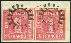 3 Kr dunkelrosa, gute "b"-Farbe, allseits breitrandiges Paar und je ...