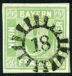 9 Kr bläulichgrün, breitrandig mit klarem gMR 18 einwandfrei. Sign. ...