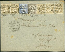 -.25, GENEVE RUE DU RHONE 7.VIII.05, 3-Farben-BF mit zwei Paaren, auf ...