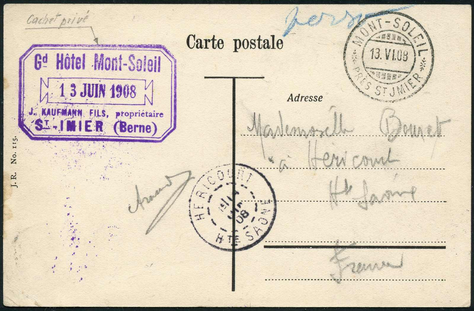 MONT SOLEIL, 1908/13, klare Abschläge des seltenen Stempel auf 3 ...