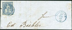 PFÄFFIKON, 1865, in blau auf Briefteil, schwarz auf vollständigem ...