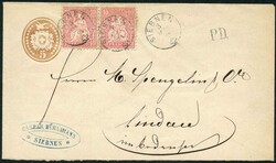 SIEBNEN, 1869/71, je zentrisch auf waagr. Paar 5 C. braun, resp. 10 C ...