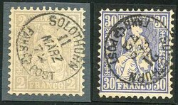 SOLOTHURN FAHRPOST, 1869/72, Type V, je zentrisch auf Einzelmarken 2 ...