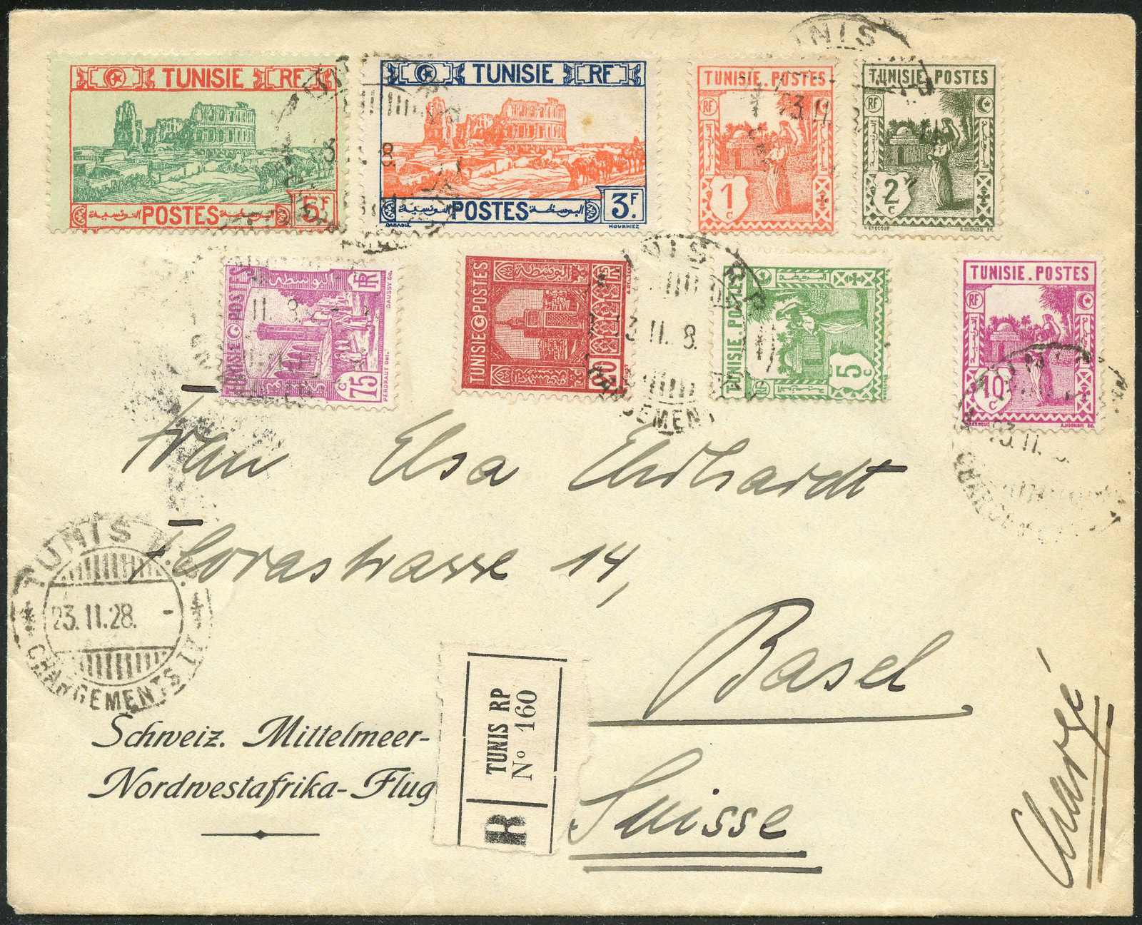 1928, (23.2.), Tunis-Basel, R-Brief mit Zudruck, rücks. Ast. 28.II ...