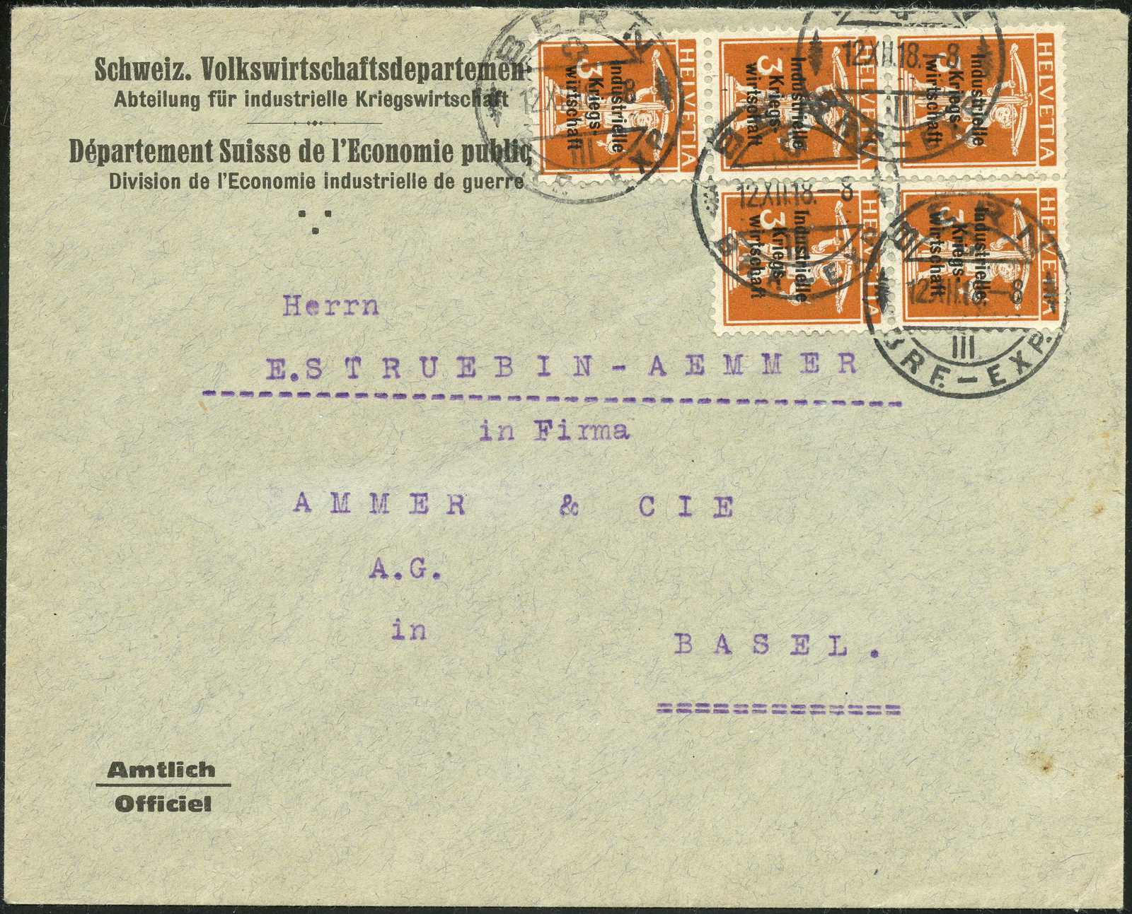 -.15, BERN 12.XII.18, 5er-Block auf sauberem IKW-Brief nach BASEL.  ...