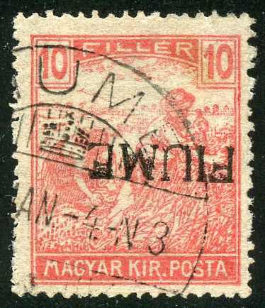 1918, 10 f rot, "Kopfstehender Aufdruck FIUME", einwandfrei gezähnt ...