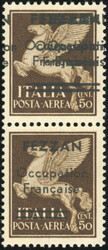 Airmail. 50c. Sepia. Vertical pair. Triple overload holding to normal ...