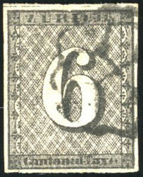 6Rp. black from ZURICH. Type II. Horizontal foImperforate lines. ...