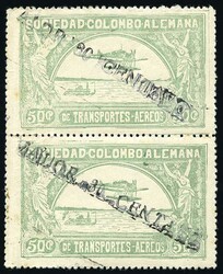 Airmail. Vertical pair. Double surch. Vertical fold. Very Fine. ...