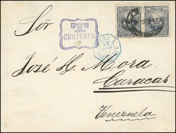 Pair cancelled on letter stamped with the octagonal blue Post mark ...