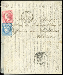 80c. Lauré + 20c. Bordeaux obl. GC 616 s/lettre frappée du CàD de ...