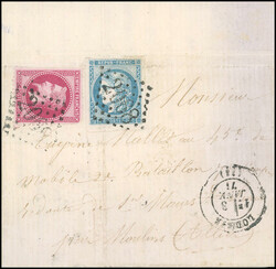 80c. Lauré + 20c. Bordeaux obl. GC 2068 s/lettre frappée du CàD de ...