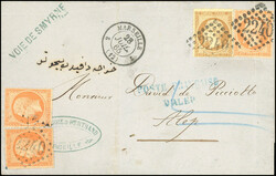ALEPPO. 10c. + 40c. Perforated x 3 cancelled GC 2240 on letter ...