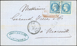 LATAKIA. Pair of 20c. Lauré cancelled GC 5091 on letter stamped with ...
