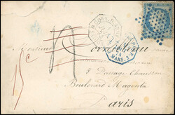 SAIGON. 25c. blue, cancelled blue star, on letter stamped with the ...