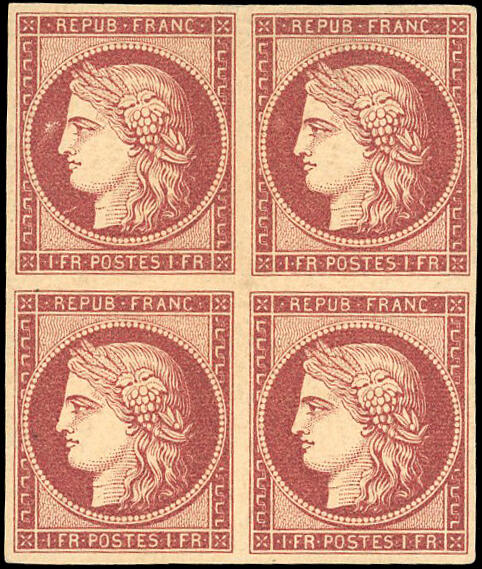 1F. carmine. Block of 4. Exceptional nuance and freshness. Very rare ...