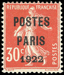 30c. red. PARIS 1922 POSTS. Superfine. (Estimate 750€)