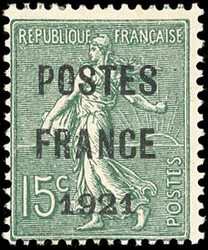 15c. olive-green. POSTE FRANCE 1921. Superfine. (Estimate 3300€)