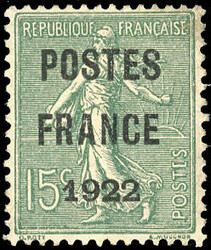 15c. olive-green. POSTE FRANCE 1922. Superfine. (Estimate 1400€)