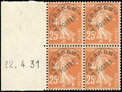 25c. Yellow-brown seeder. Block of 4 with corner dated 22.4.31. ...